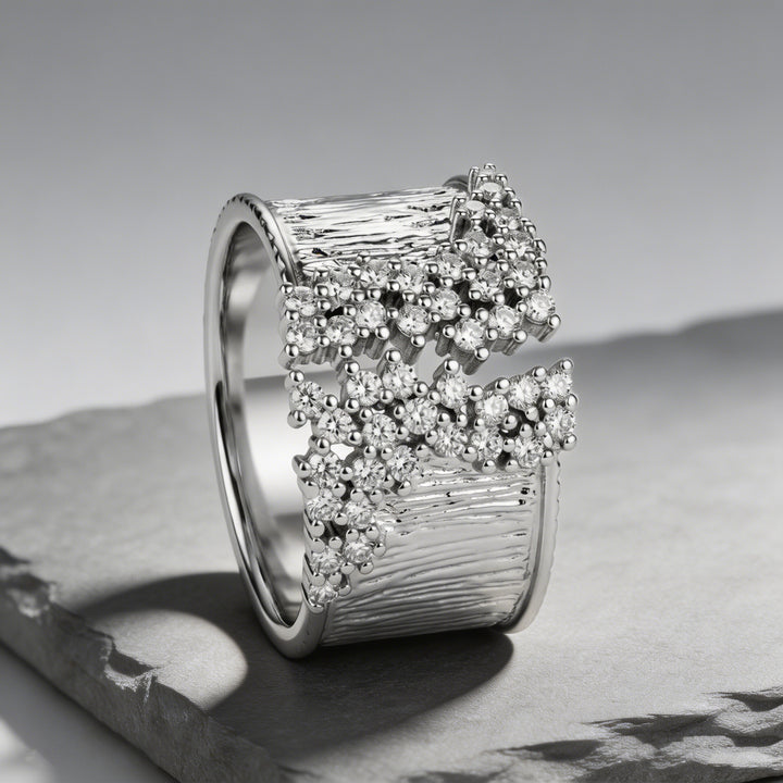 Wide Band Diamond Statement Ring Women Textured Open Cuff Bold Fashion Cocktail Ring