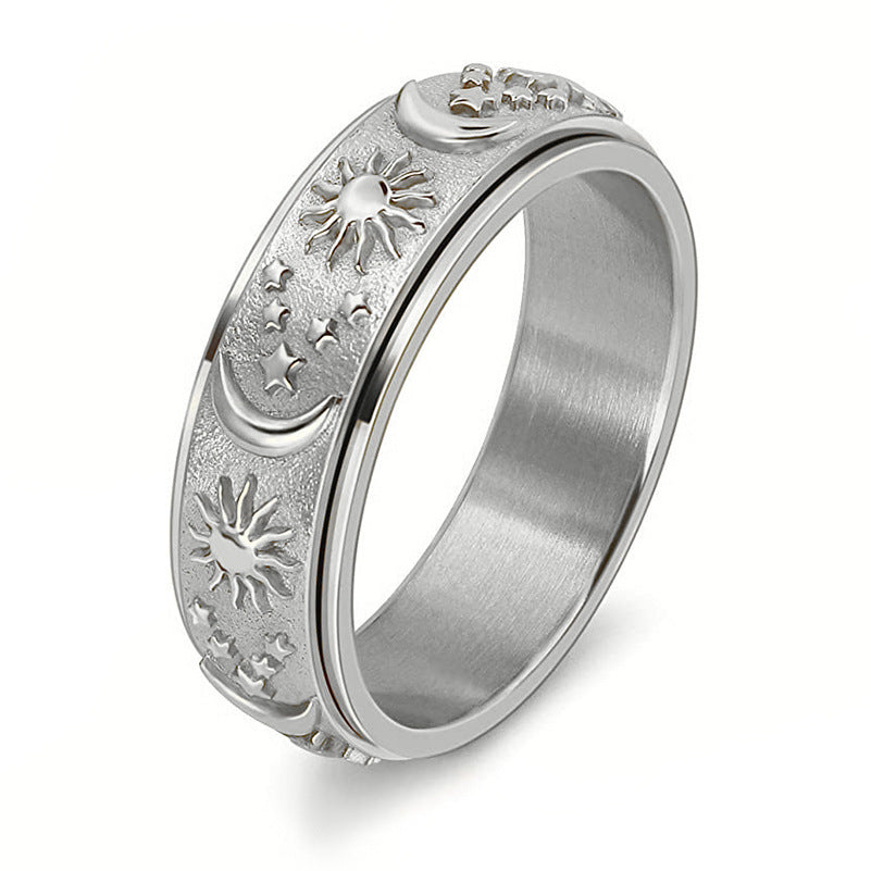 Sun Moon Star Rotatable Fidget Spinner Ring Titanium Steel Anxiety Band Ring With Ring Box