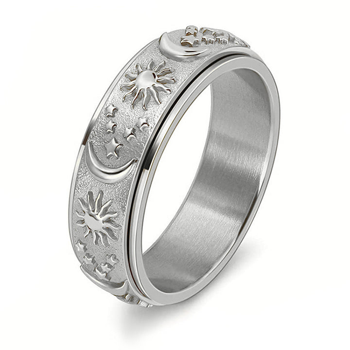 Sun Moon Star Rotatable Fidget Spinner Ring Titanium Steel Anxiety Band Ring With Ring Box