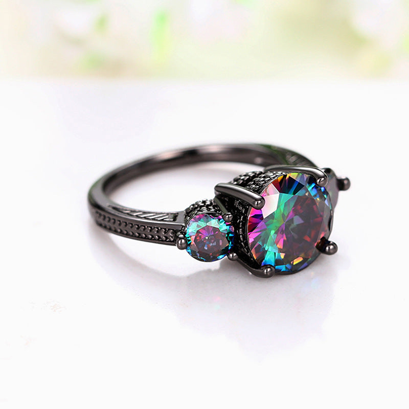 Mystic Rainbow Three Stone Ring Women Black Gold Gothic Vintage Cocktail Ring