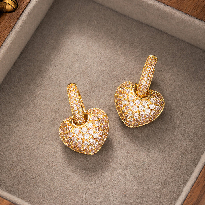 Pave Diamond Heart Charm Huggie Hoop Earrings Women Removable Pendant Drop Earrings