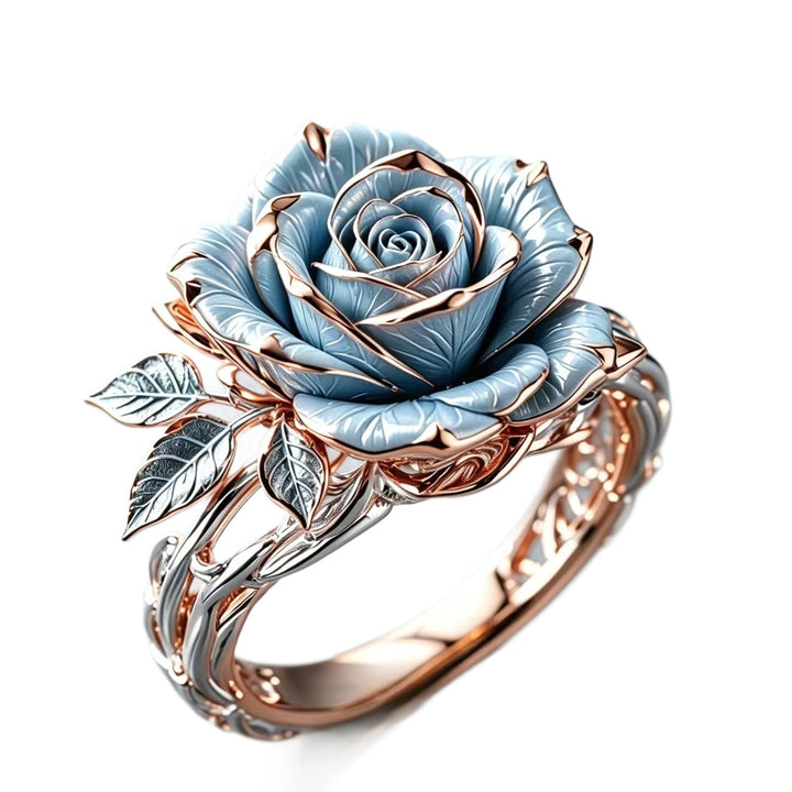 Vintage Blue Rose Enamel Hollow Ring Pure Silver Plated 18K Gold Floral Statement Ring For Women