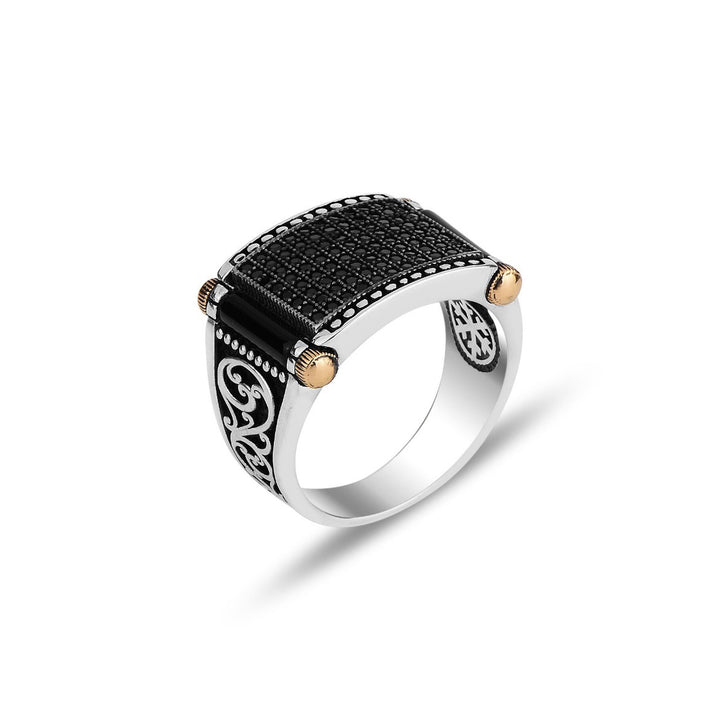 Vintage Square Signet Ring Engraved Scroll Pattern Statement Ring Paved Black Diamond Inlaid Black Stone Two Tone Retro Handmade Men Cocktail Ring Fashion Mens Jewelry