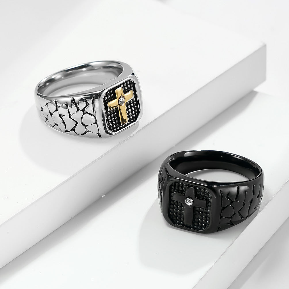 Men's Square Cross Pattern Ring Stone‑Textured Retro Wide Band Ring
