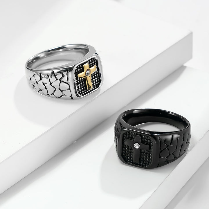Men's Square Cross Pattern Ring Stone‑Textured Retro Wide Band Ring