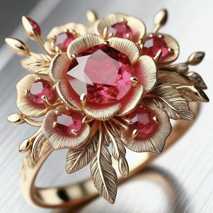 Vintage Floral Pink Diamond Carved Ring 14K Gold Artistic Flower Women Ring