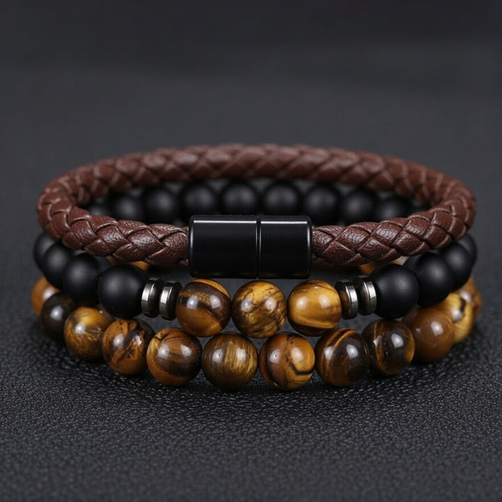 Men Multi Layer Stacked Bracelet Set Braided Leather Natural Stone Bead Wristband Classic Minimalist Statement Hand Jewelry