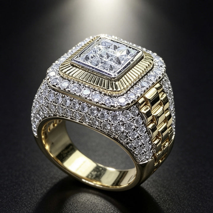 Hip Hop Two‑Tone Square Full Stone Bold Wide Band Mens Ring