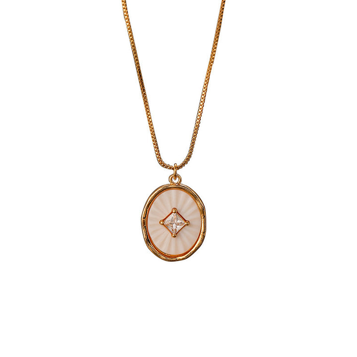 Vintage Oval Mother‑of‑Pearl Square Diamond Pendant Necklace Minimalist Elegant Women Choker