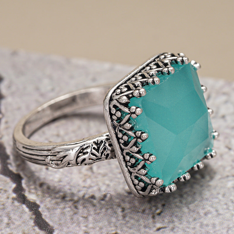 Turquoise Blue Square Vintage Ring Women Silver Filigree Statement Jewelry Gift