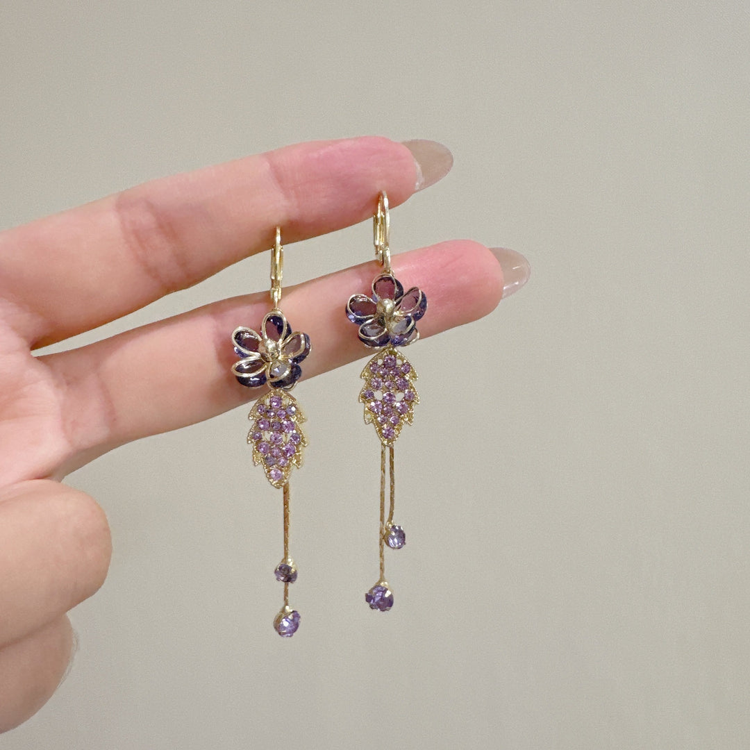 Purple Floral‑Leaf Tassel Long Drop Earrings Vintage Elegant Dangle Earrings