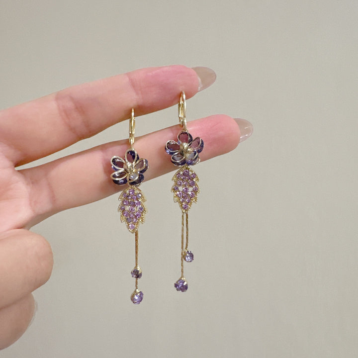 Purple Floral‑Leaf Tassel Long Drop Earrings Vintage Elegant Dangle Earrings
