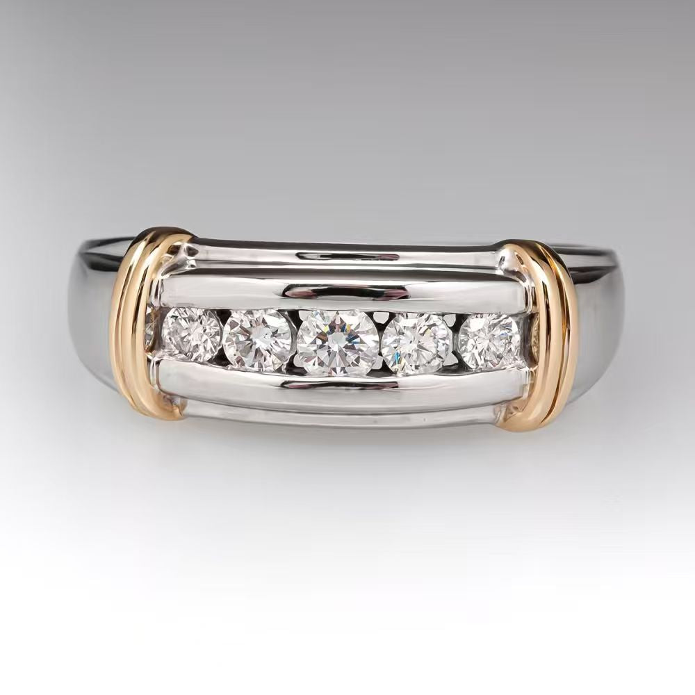 Two Tone Channel Set Diamond Men Band Ring Classic Business Finger Ring
