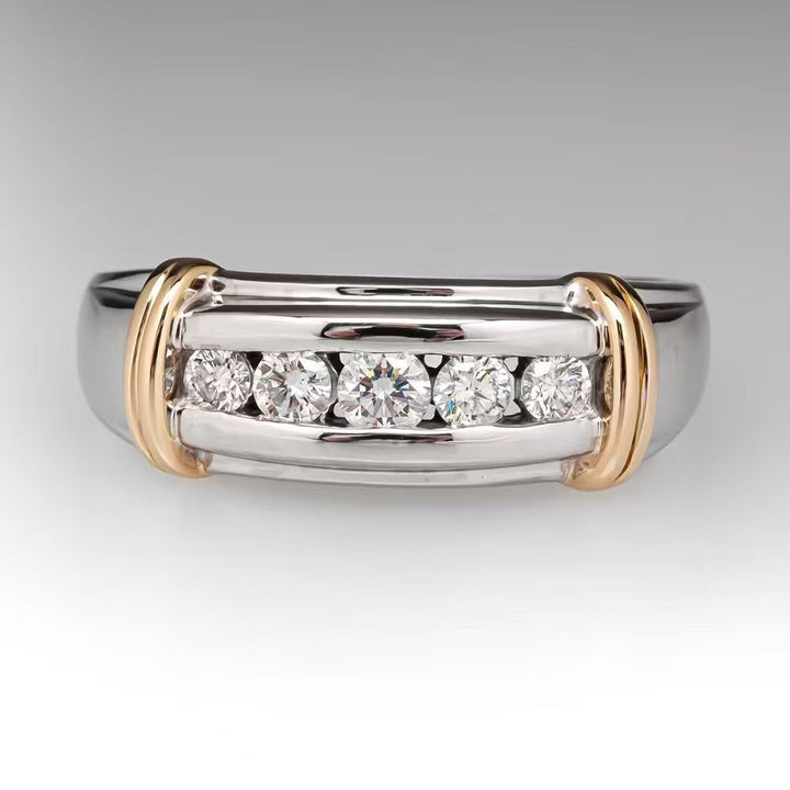 Two Tone Channel Set Diamond Men Band Ring Classic Business Finger Ring