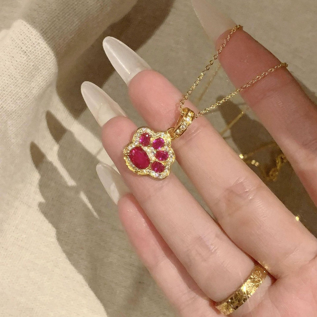 Cute Paw Print Pendant Necklace Ruby Stone Diamond Womens Dainty Statement Necklace