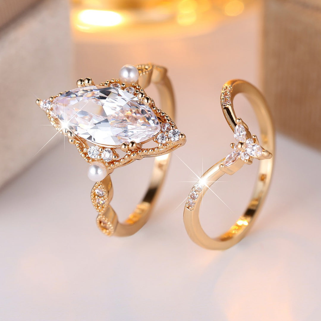 Vintage Marquise‑Cut Diamond Pearl Ring Set Hollow Pattern Stackable Dual Bands