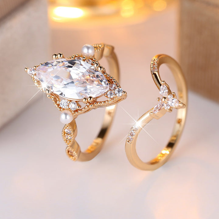 Vintage Marquise‑Cut Diamond Pearl Ring Set Hollow Pattern Stackable Dual Bands