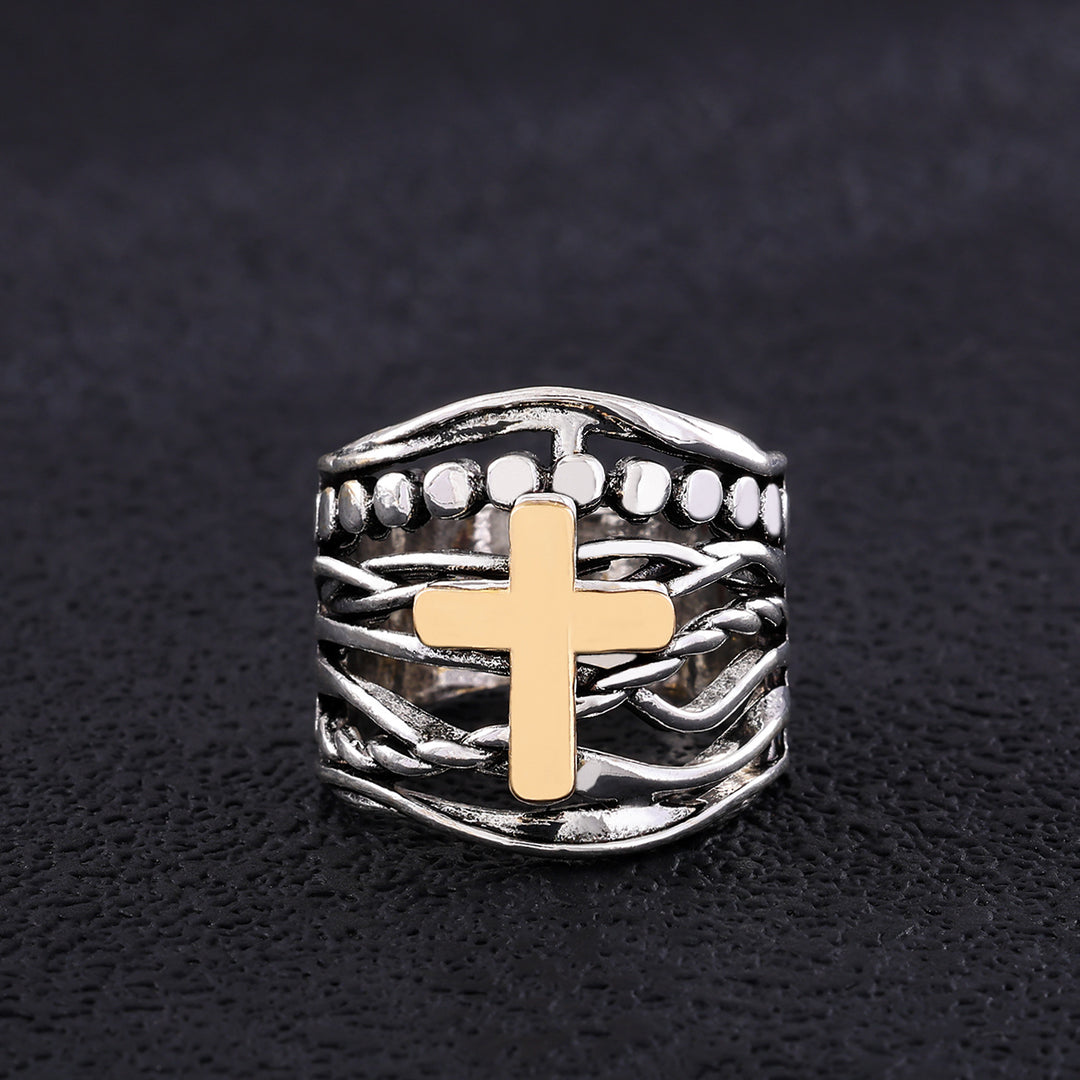 Cross Multi Band Wide Statement Ring Two Tone Layered Twisted Band Faith Religious Jewelry For Women Men