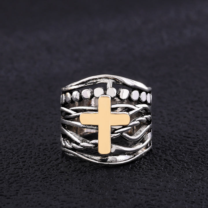 Cross Multi Band Wide Statement Ring Two Tone Layered Twisted Band Faith Religious Jewelry For Women Men