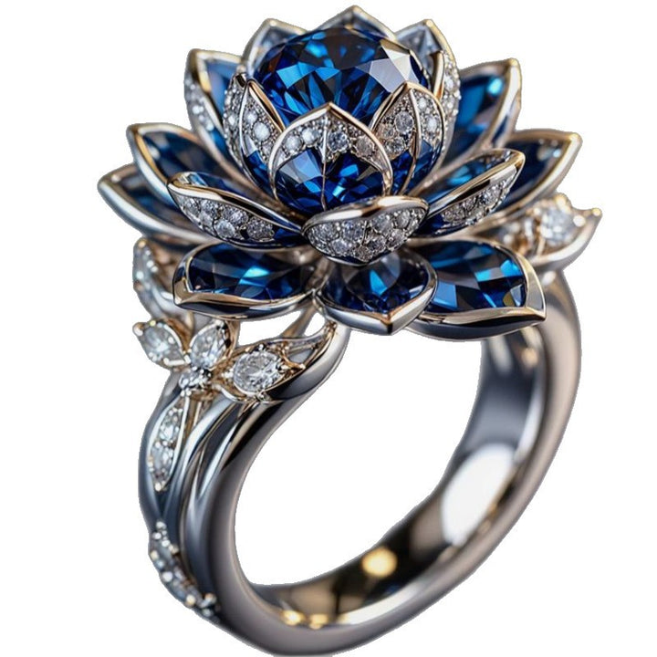 Sapphire Blue 3D Lotus Flower Statement Ring Women Vintage Floral Cocktail Ring Diamond Accent