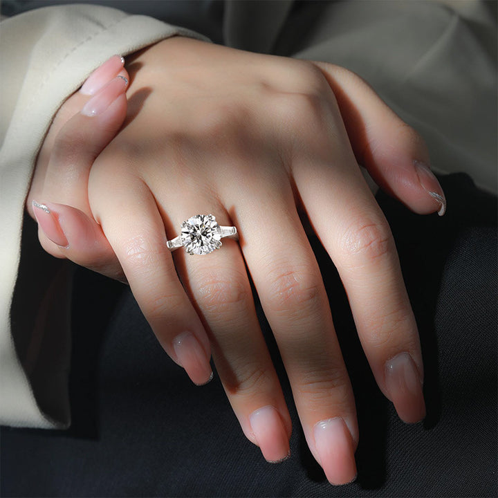 Round Diamond With Side Baguette Diamonds Adjustable Engagement Ring