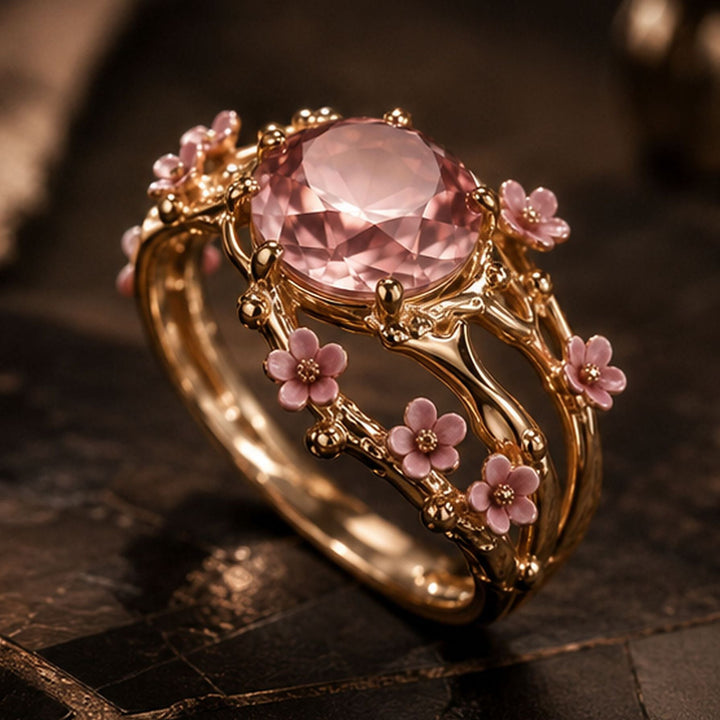 Pink Diamond Cherry Blossom Branch Ring Women Nature Inspired Vintage Flower Cocktail Ring