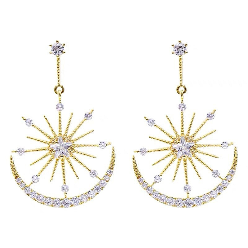 Sun And Moon Diamond Drop Earrings Celestial Starburst Dangle Earrings For Women Evening Party Wedding Jewelry