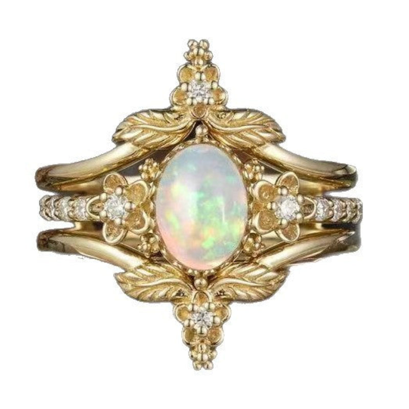 Opal Oval Diamond 3 Piece Stackable Ring Set Women Vintage Floral Leaf Botanical Stacking Rings