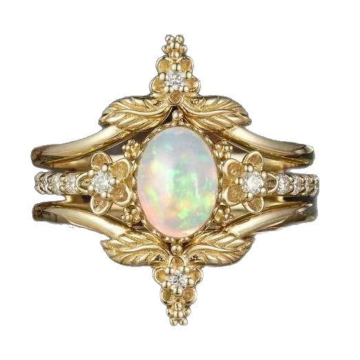 Opal Oval Diamond 3 Piece Stackable Ring Set Women Vintage Floral Leaf Botanical Stacking Rings