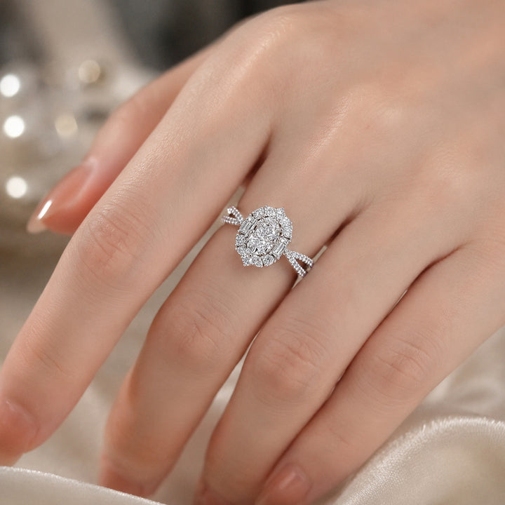 Oval Cut Diamond Halo Engagement Ring Twisted Pave Band Wedding Ring For Women