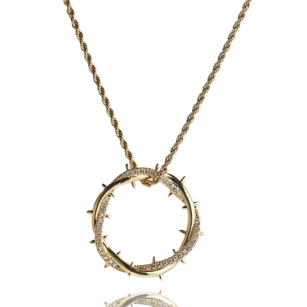 Crown of Thorns Twisted Circle Pendant Necklace Pavé Diamond Inlaid Rope Chain Statement Edgy Unisex Trendy Pendant Jewelry Gift