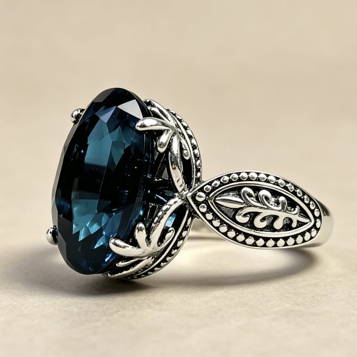 Blue Sapphire Oval Filigree Ring Women Vintage Leaf Art Nouveau Silver Cocktail Ring
