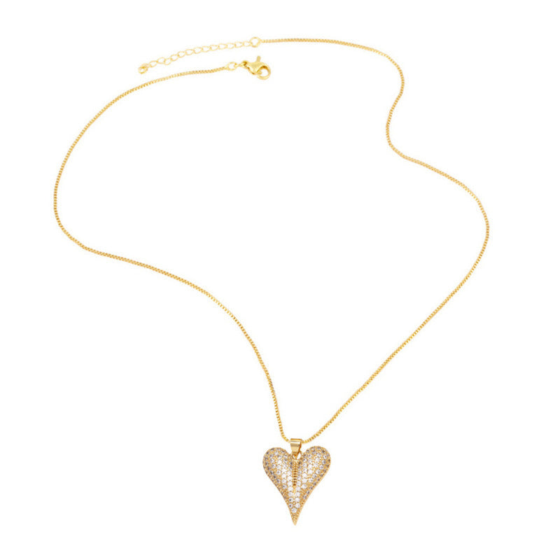 Pavé‑Set Pointed‑Heart Pendant Necklace Adjustable Box‑Chain Luxury Heart‑Shaped Ladies Choker Necklace