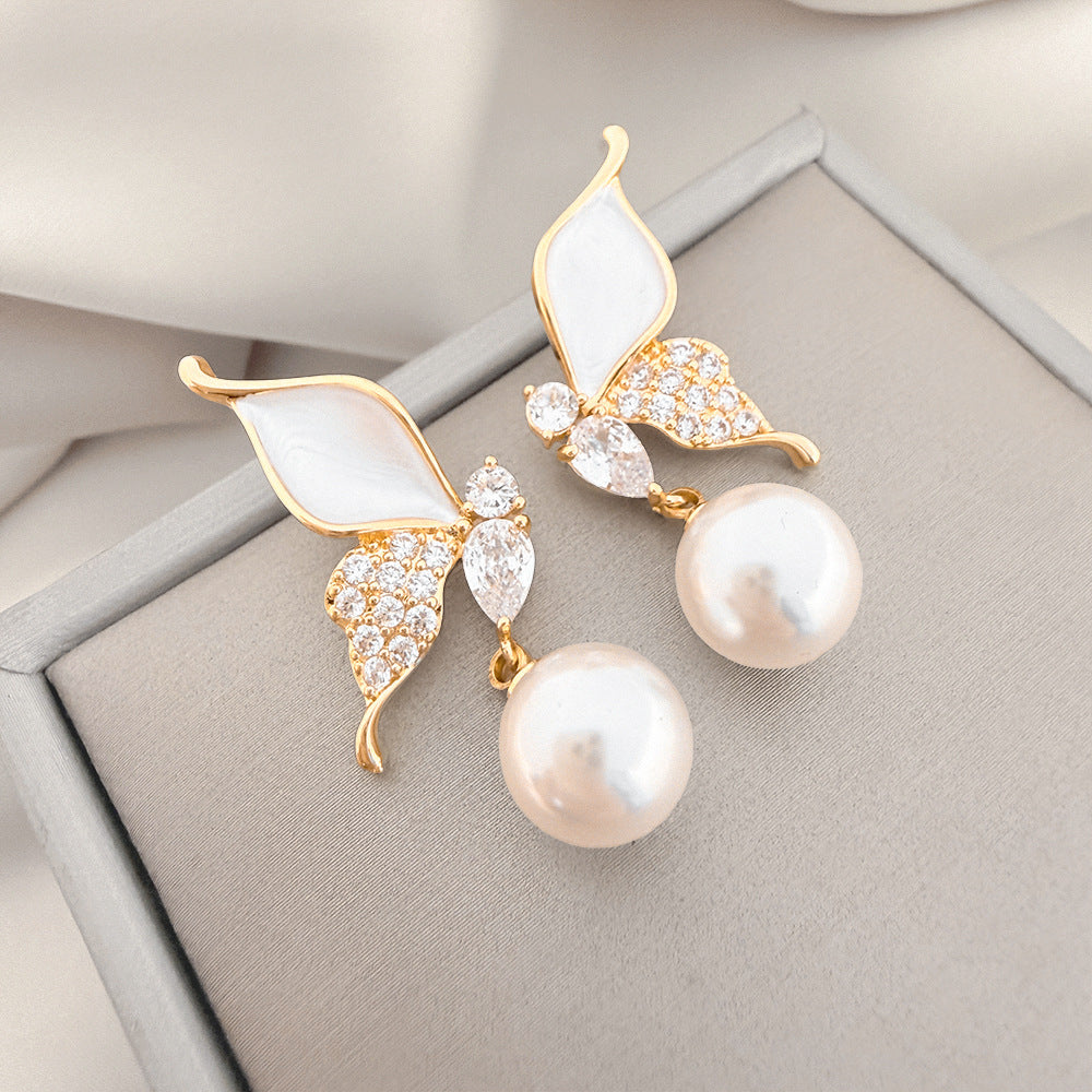Mother‑of‑Pearl Butterfly Pearl Drop Earrings Elegant Paved Diamond Butterfly Dangle Earrings