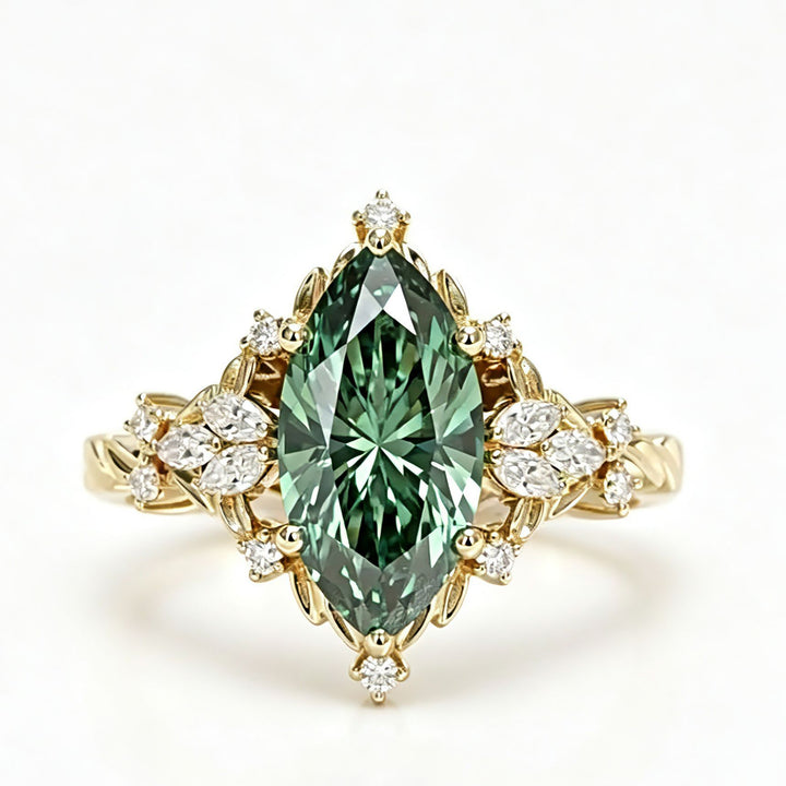 Marquise Cut Green Gem Ring Vintage Leaf Halo Ring Engagement Promise Ring Ornate Statement Fine Jewelry