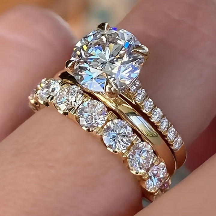 Three Piece Diamond Ring Set Women Solitaire Eternity Bands Gold Silver Luxury Bridal Jewelry