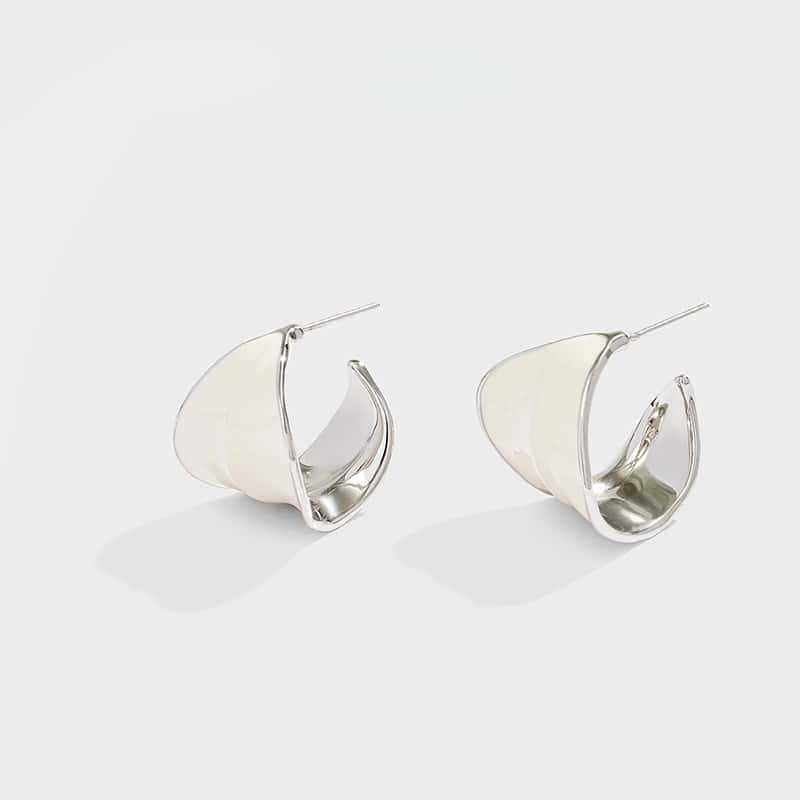 Sterling Silver Post Enamel CHoop Earrings Artistic Irregular Curved Hoops Angola Red And White Premium Jewelry