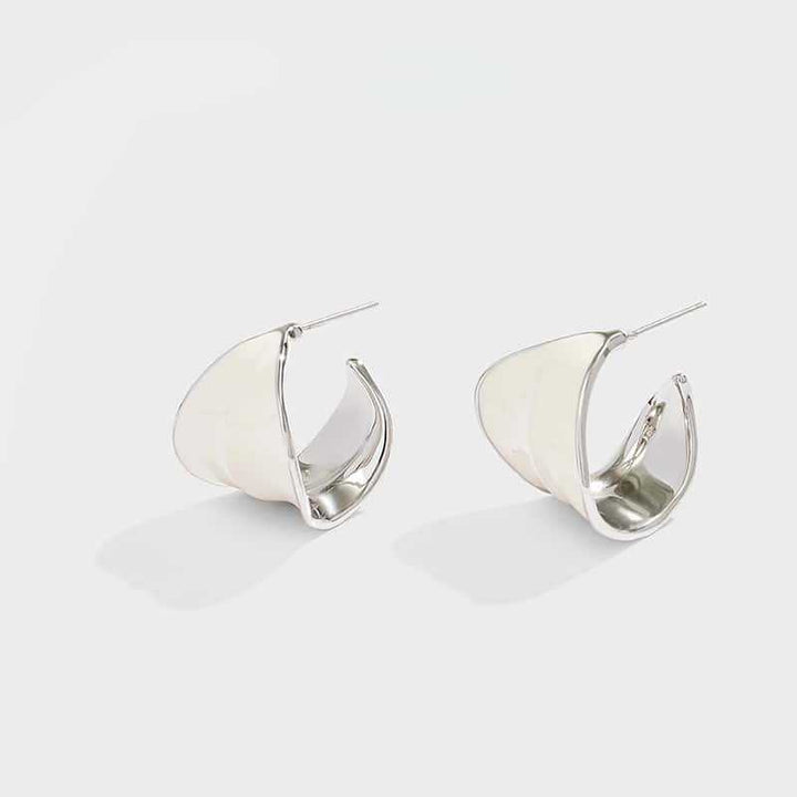 Sterling Silver Post Enamel CHoop Earrings Artistic Irregular Curved Hoops Angola Red And White Premium Jewelry