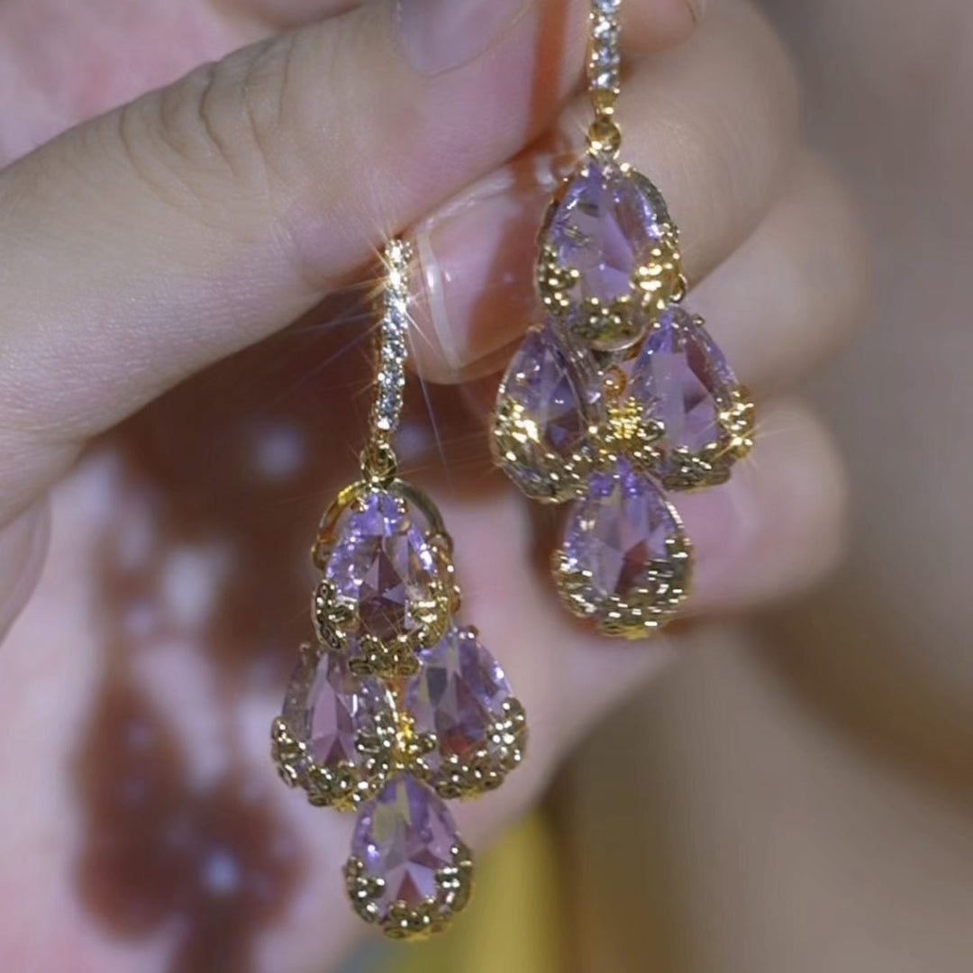 Purple Diamond Drop Earrings Women Gold Filigree Water Drop Luxury Jewelry Gift