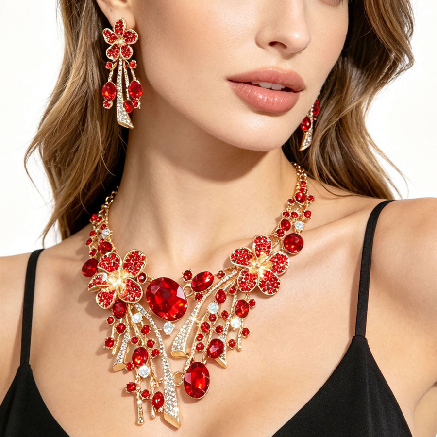 Ruby Flower Jewelry Set Women Necklace Earrings Gold Red Diamond Luxury Bridal Gift