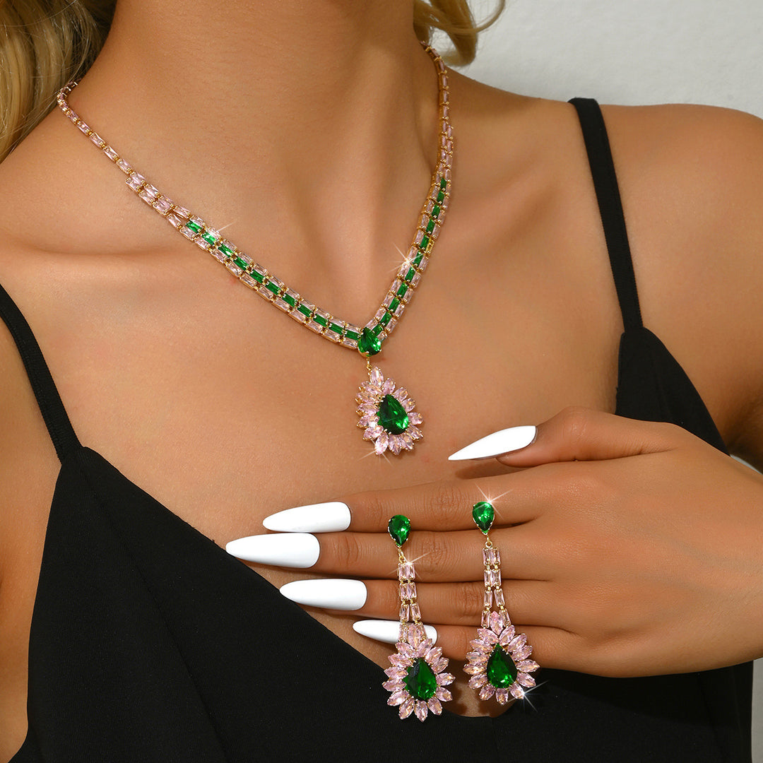 Luxury Water Drop Gem Jewelry Set Pink Green Diamond Statement Necklace And Drop Earring Set For Women Formal Party Wedding
