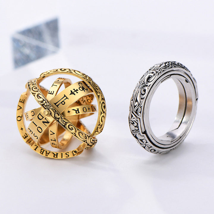 Transformable Armillary Sphere Ring Vintage Engraved Zodiac Symbol Flip‑Open Band