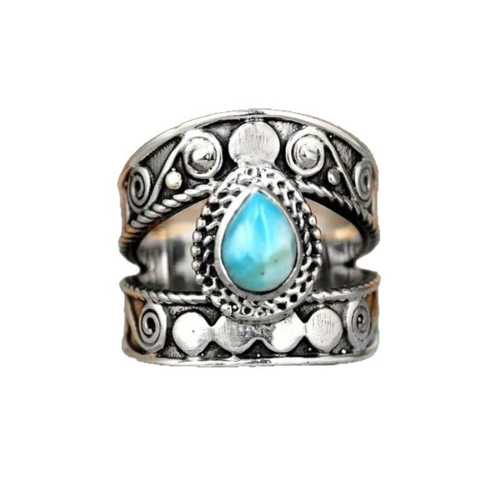 Vintage Ethnic Teardrop Turquoise Sterling Silver Ring Exotic Carved Ring