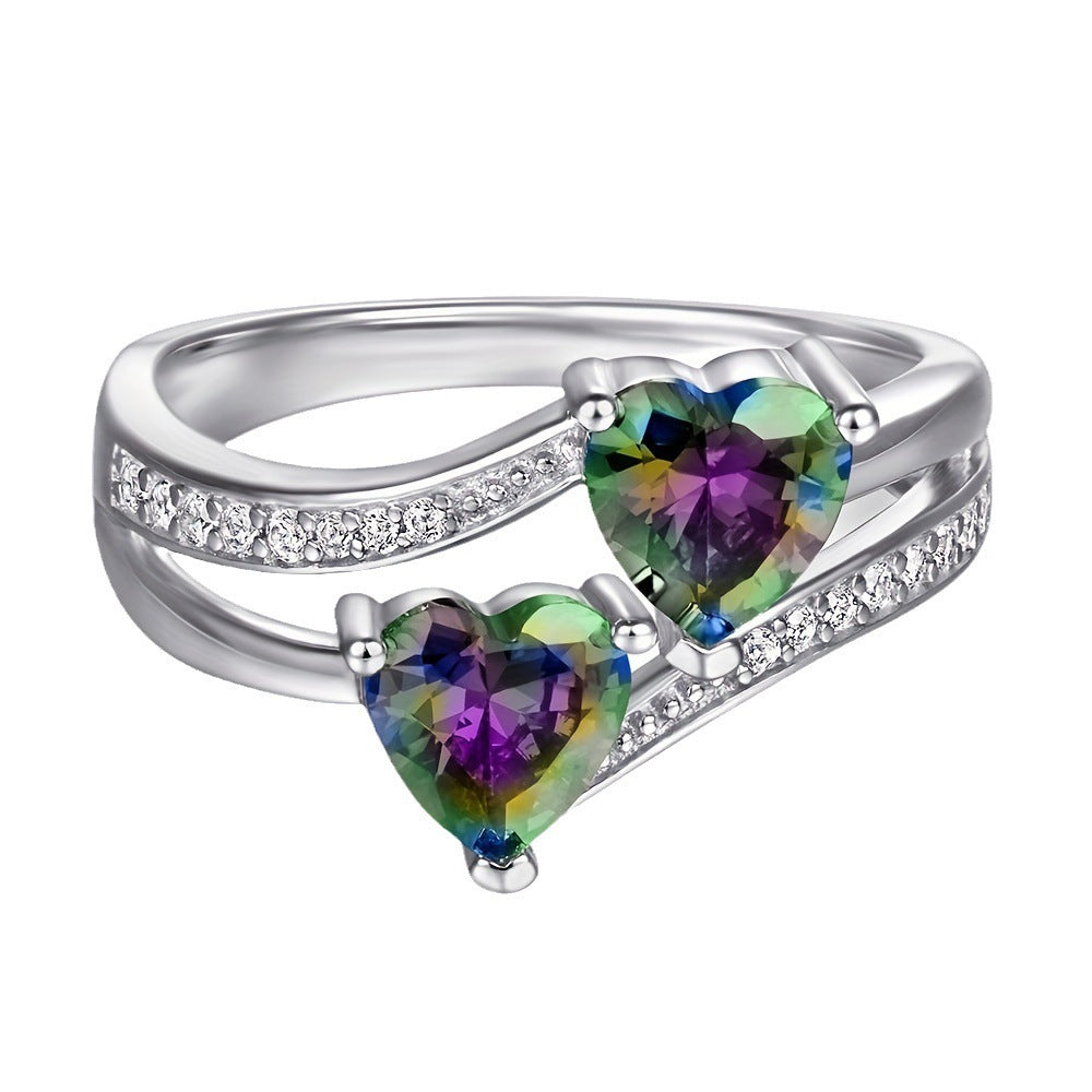 Women’s Ring With Two‑Heart‑Cut Mystic Gemstones Twisted Shank Paved Diamond Romantic Ring