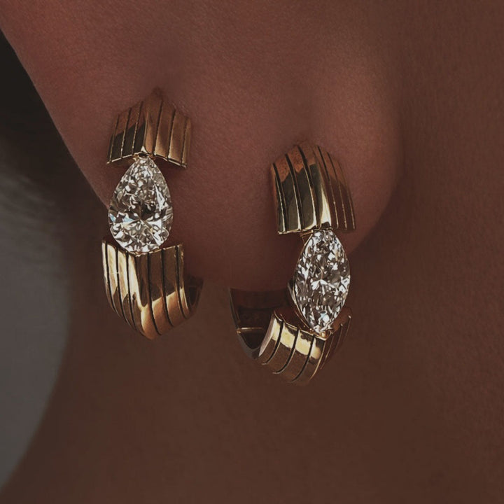 Ribbed Bar Stud Earrings Women Marquise Diamond Gold Vertical Line Jewelry Gift