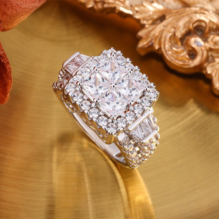Luxury Square Cluster Set Sterling Silver Ring Paved Diamond Unisex Engagement Ring