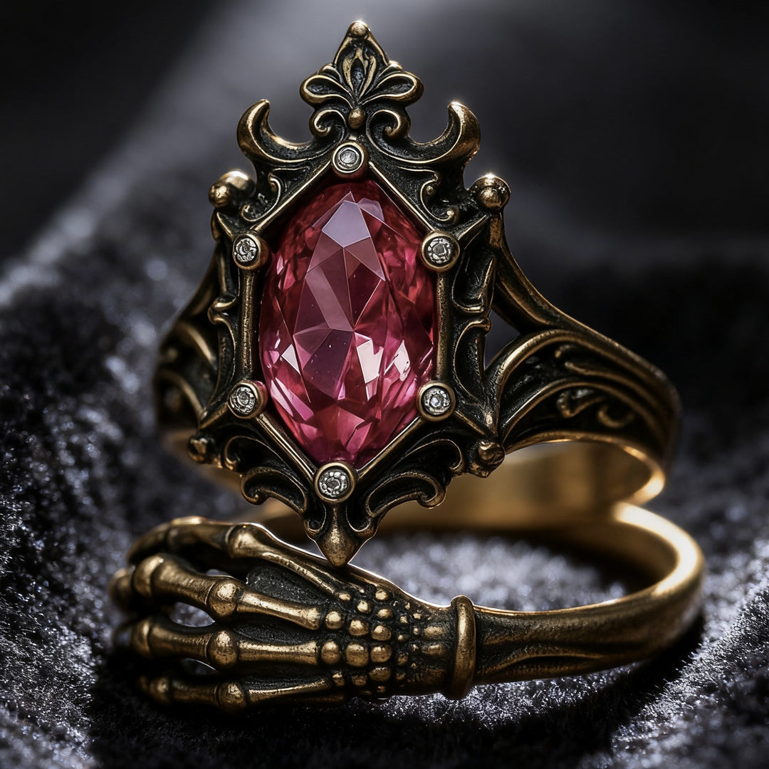 Gothic Vintage Pink Gem Skeleton‑Hand Ring Dark‑Aesthetic Carved Band