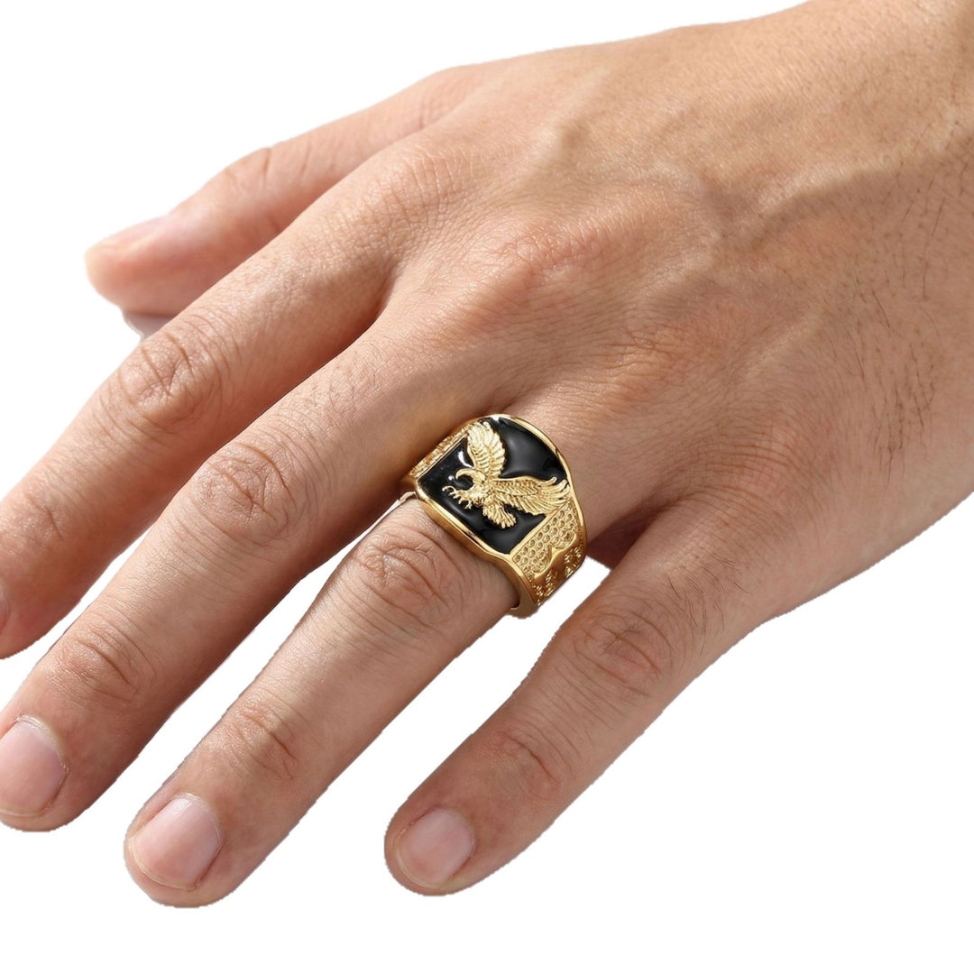 Eagle Embossed Signet Ring For Men Black Enamel Statement Band Ring Two Tone Options