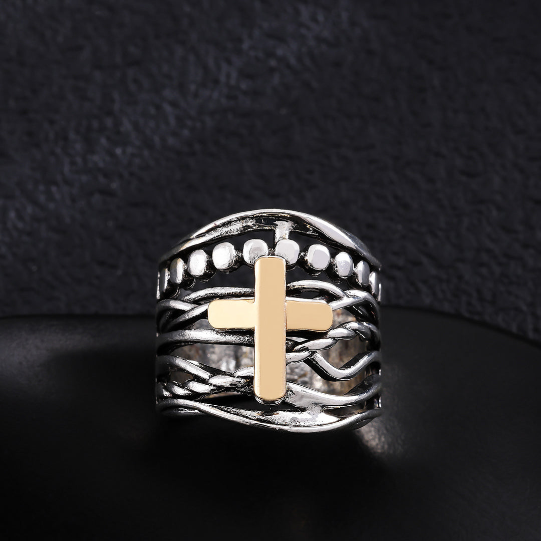 Cross Multi Band Wide Statement Ring Two Tone Layered Twisted Band Faith Religious Jewelry For Women Men