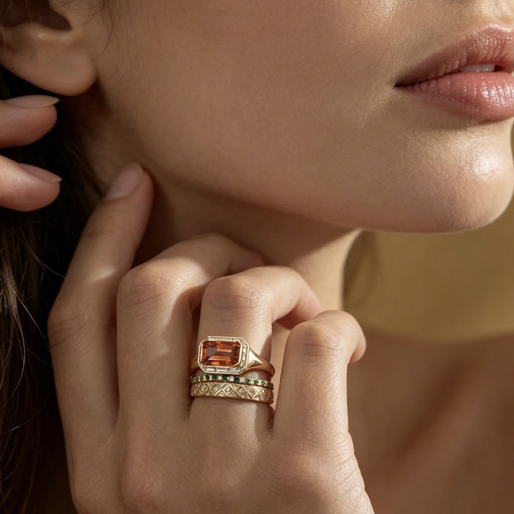 Emerald‑Cut Orange‑Yellow Center Stone Diamond & Emerald 3‑Piece Stackable Ring Set Vintage Royal Style Women’s Bands